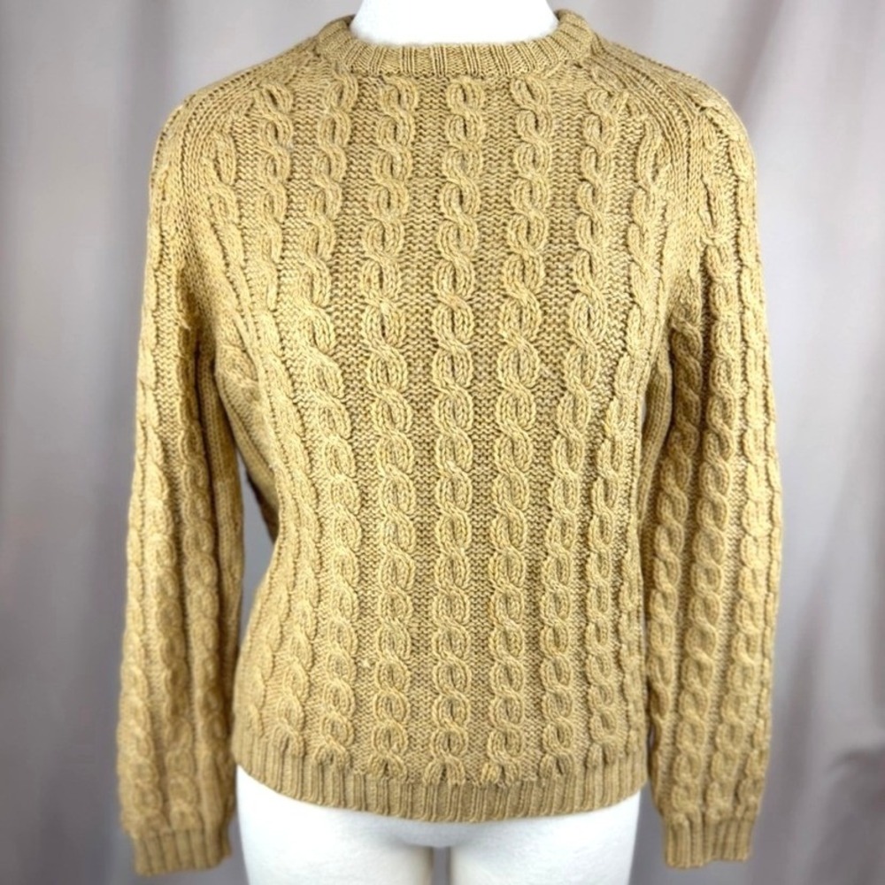 Vintage 60s LADYBUG Wool Cable Knit Sweater|M|Camel Hand Loomed Crewneck Mod